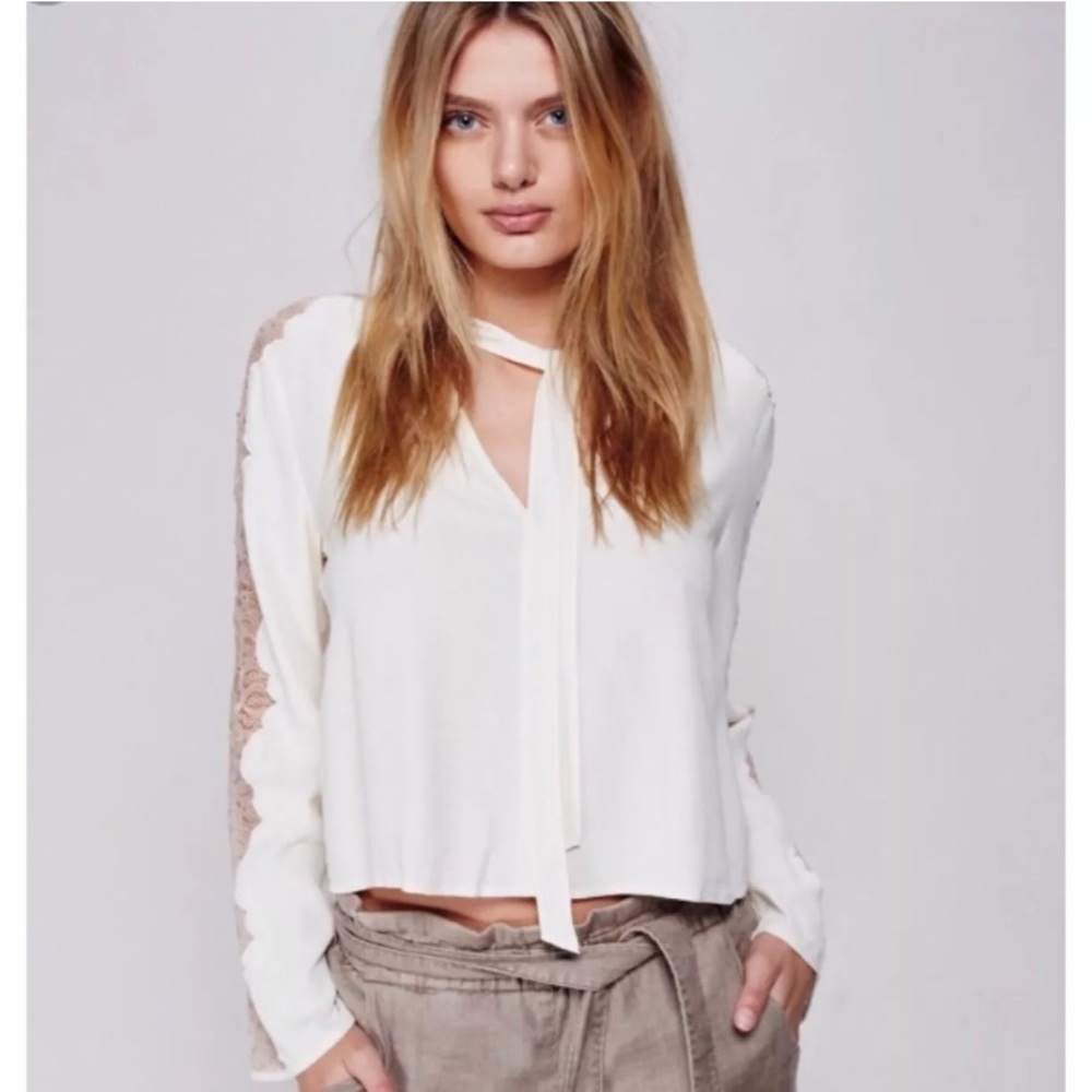 Ivory FREE PEOPLE Freya Tie Neck Blouse